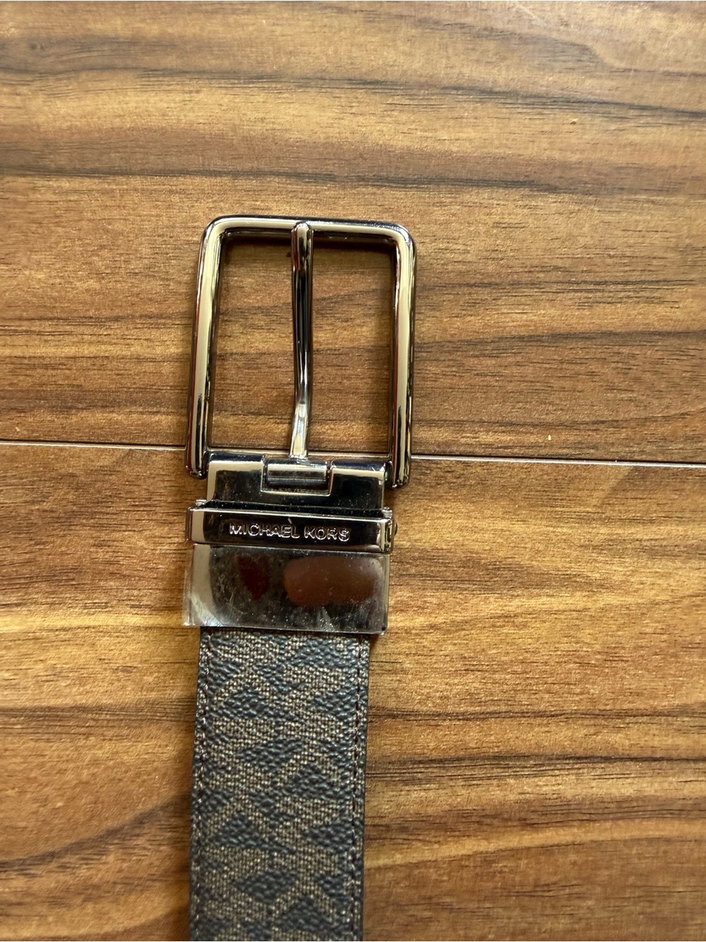 Michael Kors Brown Monogram Leather Belt with Silver Buckle